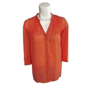 TINLEY ROAD Orange White 3/4 Sleeve Pintuck Pleat Button Down Top sz XS